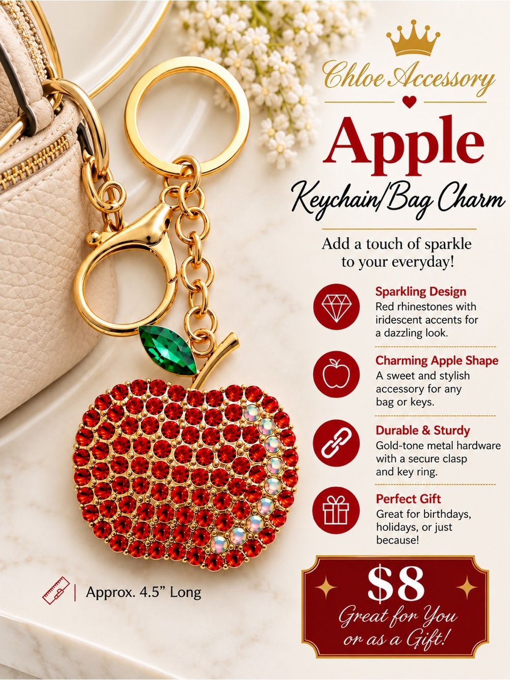 Bling Apple Keychain/Bag Charm